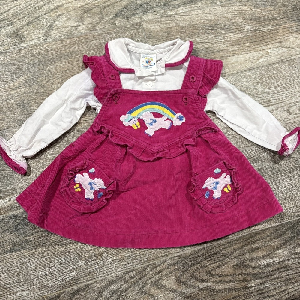 VTG Corduroy Overall Dress Long Sleeve Girls 12 Mo Lamb Rainbow Embroidered 90s